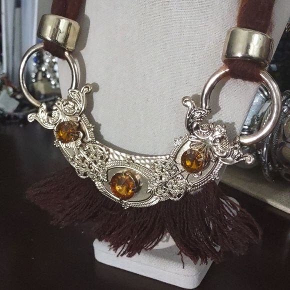 660 Women's Brown Fringe and Gold Costume Statement Necklace - Picture 2 of 6
